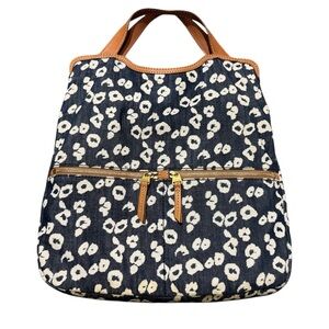 Fossil Leopard Print Erin Blue Denim Fold-over Bag Leather accent